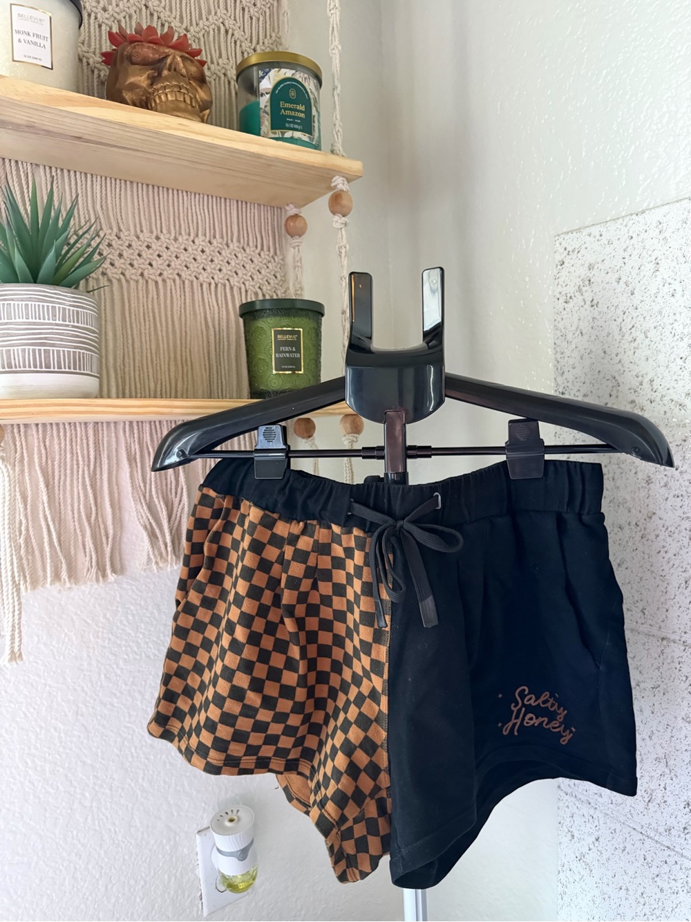 Checkerboard Black and Brown Drawstring Athletic Shorts for Women